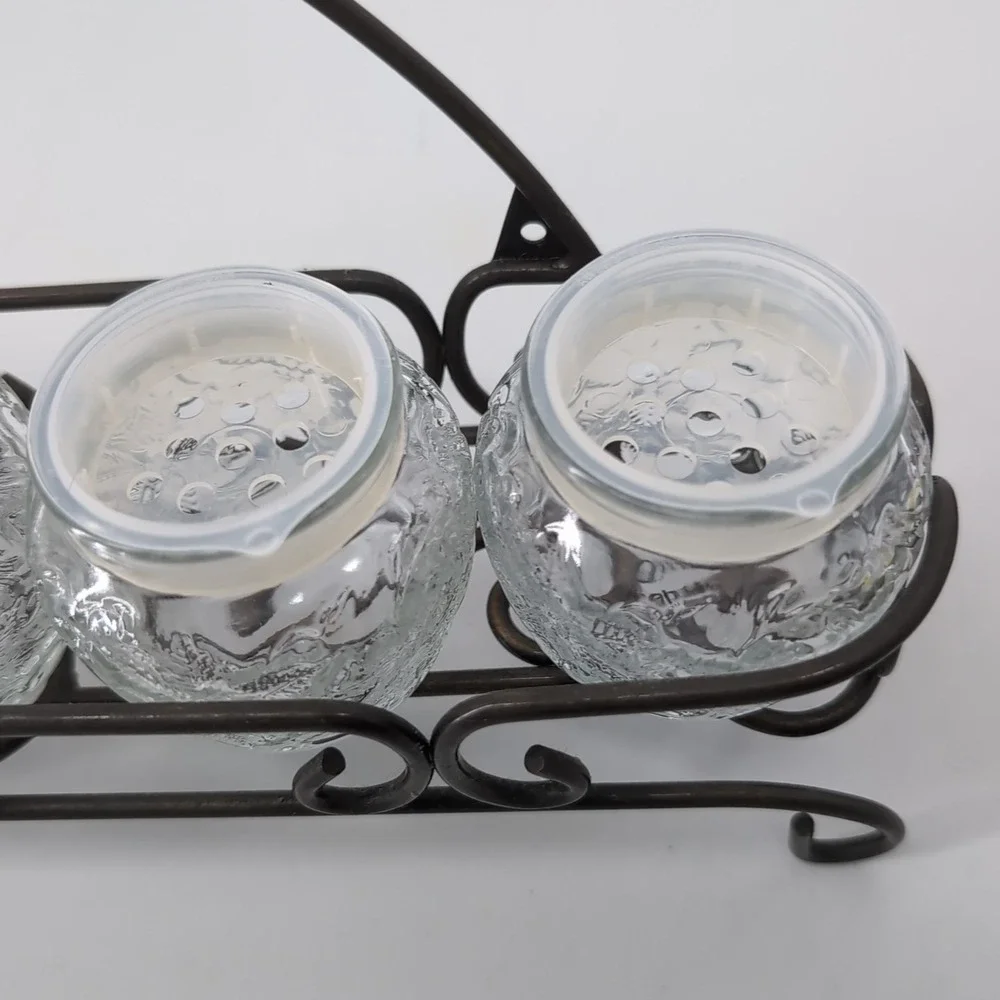 Princess House 5 Piece Fantasia Spice Jars with Bronze Wrought Iron Scroll Caddy